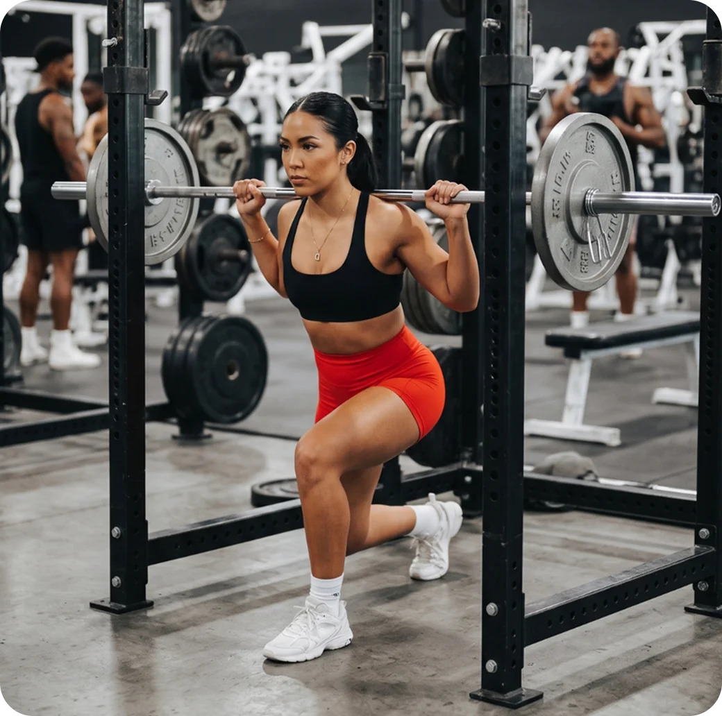 Mujer realizando una sentadilla con barra en un gimnasio vistiendo un top deportivo negro y pantalones cortos de entrenamiento rojos.
