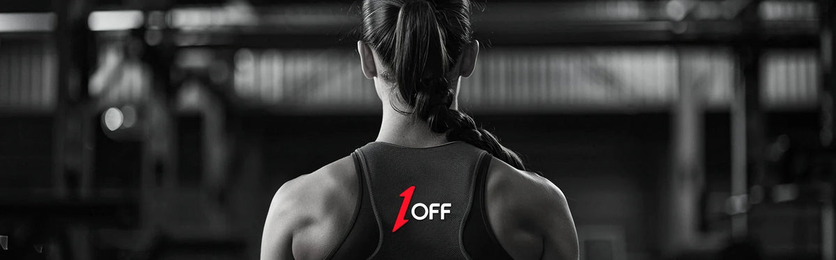 Woman wearing 1off activewear in a gym